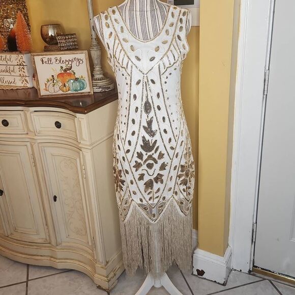 Vintage 1920's style flapper beaded dress  ivory and gold women's size S - Picture 1 of 7